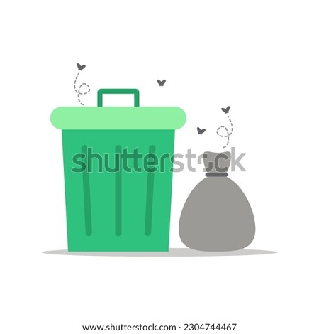 Green rubbish bin trashcan with black garbage bag and fly swarm icon flat vector design