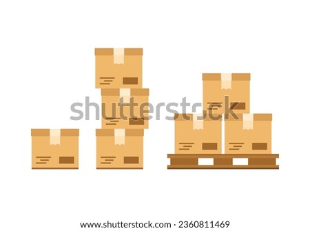 Set stack brown cardboard paper parcel box on wooden pallet icon flat vector design