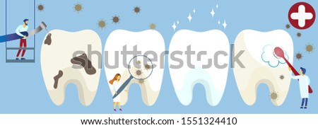 
little men brush their teeth, remove plaque, treat tooth decay. 
Caries teeth and healthy tooth. 
For banner, your web site