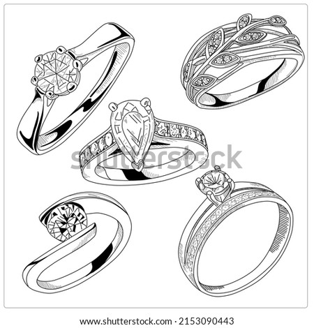 Set of wedding rings. Print for invitation, wedding, party decoration, betrothal. Overview hand drawn illustration of jewelry engagement and engagement rings