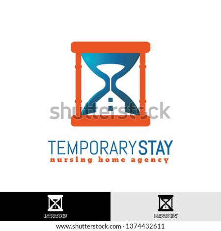 Temporary Stay Logo Template. Creative, simple and unique design that features a hourglass and a house's shape merging from the sand in the bottom.