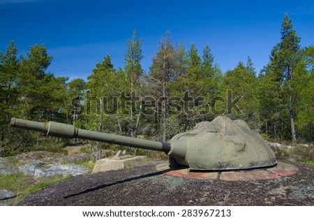 FEMOREFORTET, OXELOSUND, SWEDEN - MAY 9, 2015: turret with 75 mm gun, museum of Cold War in Femore fortress, Sweden, on 9 May, 2015.