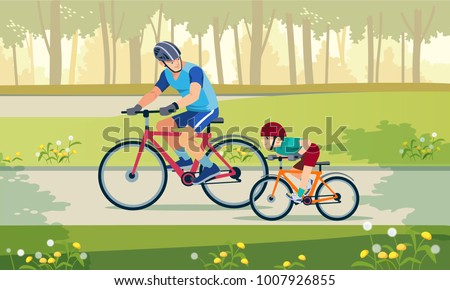 Happy family is riding bikes outdoors and smiling. Father on a bike and son on a balancebike in the park.  Vector illustration