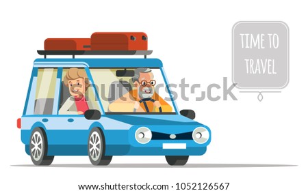 Older people life style vector flat  illustration and life adventure and pleasure enjoyment. Grandpa and Granny couple traveling by car. White isolated background