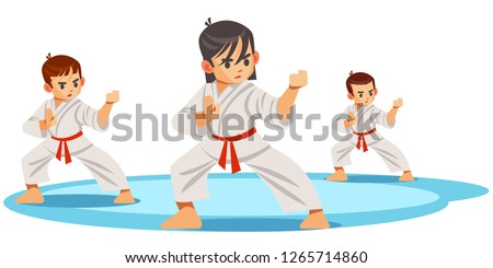Cute vector character child . Illustration for martial art poster. Kid wearing kimono and karate training. Illustration of Kid take karate fighting pose