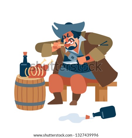 Medieval big man. Scary pirate eats meat with pleasure with a knife in his hand. The character of the pirate. Vector illustration of flat cartoon on white background