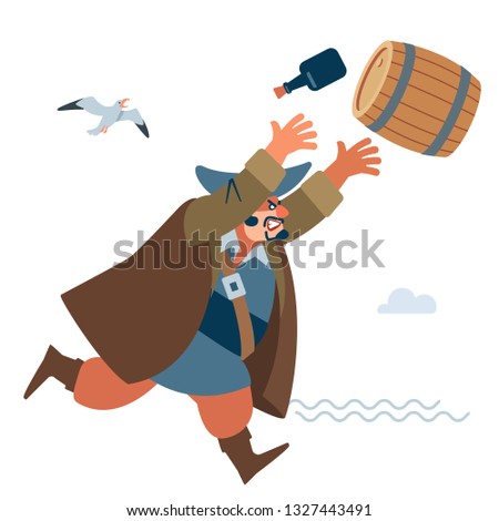 Angry big pirate throws the enemy a barrel of water. The character of the pirate. Vector illustration of flat cartoon on white background