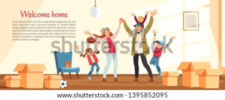 Welcome to the new house concept. Happy family with kids boxes with things, excited couple and kids jump joyfully. Cartoon. Flat design. Poster, banner vector illustration.