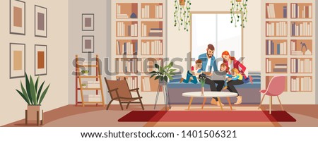 Big family father mother and children in home library looking at laptop. Modern living room in bright colors. Interior room home library. The main concept of reading. Vector flat cartoon illustration.