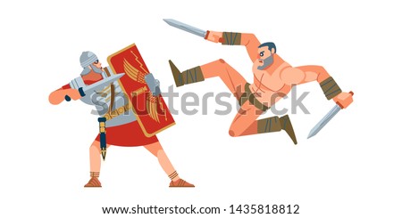 Battlefield. Roman legionary in combat with the Gladiator on a white isolated background. Vector, stock, isolated illustration. Flat, cartoon style.