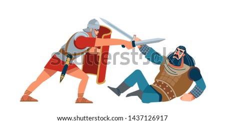 Roman conquest of Britain. Roman soldiers fighting with the inhabitants of the Celtic tribes. Ancient historical battle. Vector illustration on white isolated background.