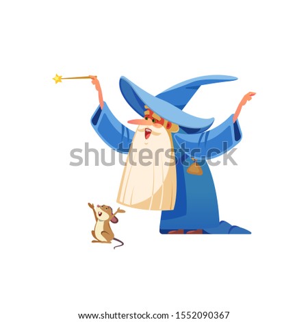 Cartoon wizard character. Old witch man in wizards robe, magician warlock and magic medieval sorcerer merlin, male witchcraft in hat and mantle Mystery isolated vector cartoon, flat illustration Сток-фото © 