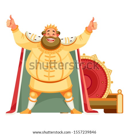 Happy king showing his support and respect to someone. Emperor, Monarch shows up two thumbs. Body language. I like that. Good job. Cartoon king character isolated background. Vector illustration