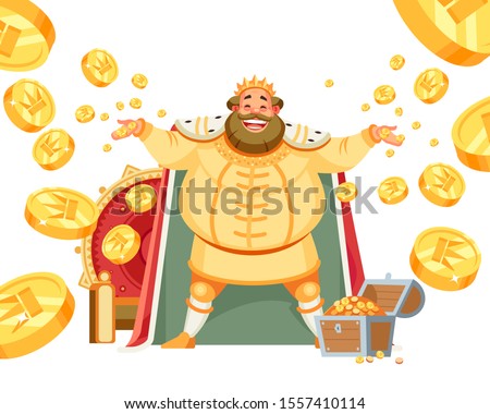Celebrating happiness, Joyful king with a big smile throws gold, treasures. The concept of wealth. Treasure of gold wealth with bright sparkles, coins scatter in different directions. Vector cartoon. 