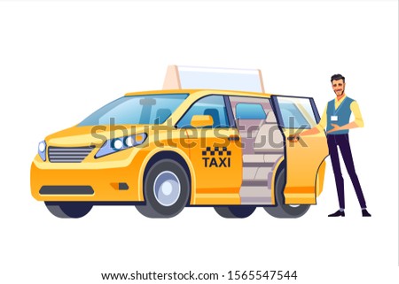 Smiling taxi driver opens the door of his car and invites passengers. City Taxi. Isolated vector illustration in cartoon, flat style.