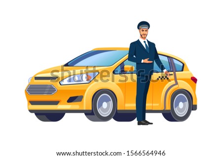 Smiling taxi driver in uniform near his car.Taxi service. Perspective view.  Vector illustration in cartoon flat style.  ストックフォト © 