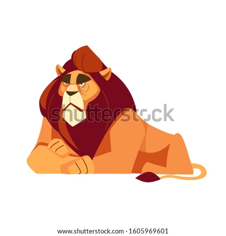 Big vector lion lying on savannah grass. Proud powerful, Beautiful Mighty Lion Cartoon, flat vector illustration isolated in white background.