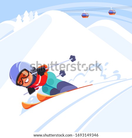 Ski resort. Skiing boy in ski mask and helmet on ski resort. Winter sports at kids holiday. Child skiing in snow landscape. Modern cartoon flat style vector illustration.