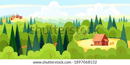 Medieval fairy tale magical landscape panorama with a village and a fairy tale character's house in the middle of a deep forest. Cartoon flat style vector illustration.