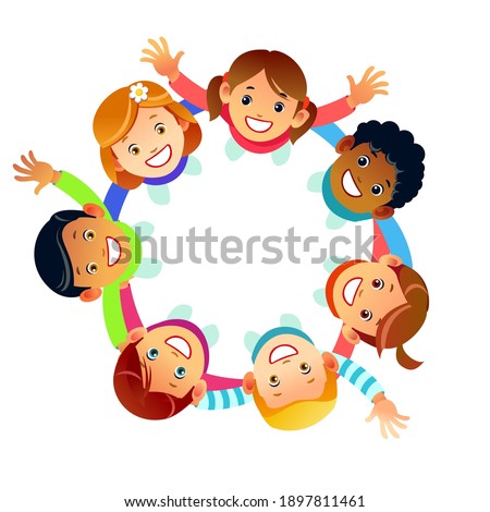 Happy Friendship Day greeting card illustration of diverse children group circle holding hands from top view angle. Friend love concept for special event celebration. Cartoon vector illustration