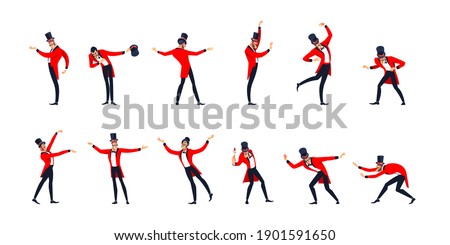 Entertainer character set. Adult male showman, presenter or actor on stage. The man in the red Bright tailcoat, suit and the cylinder. Cartoon illustration isolated on a white background