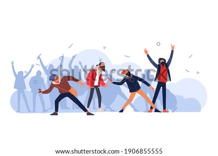 Protesters throws stones toward police during city streets riots. Youth Hooligans protests, fire smoke soot street fighting. Cartoon flat style vector illustration isolated on white background.
