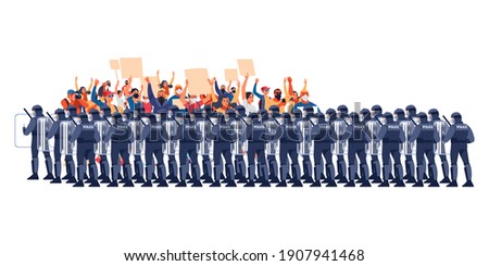 Crowds of people at a demonstration for human rights. Police in Riot Gear Holding the Line. Angry men and women protest, holding placards. Protesters at a political rally. Vector flat illustration.