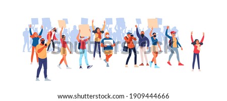 Parade rights, adult picket and strike. Activists with placards, peaceful rights protest, manifestation, men and women parade participation. People hold banners. Cartoon Flat style vector illustration