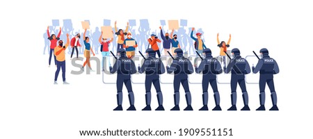 Crowds of people at a demonstration for human rights. Police in Riot Gear Holding the Line. Angry men and women protest, holding placards. Protesters at a political rally. Vector flat illustration.
