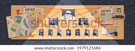 Detective Board with pins and evidence, cops crime detective investigation plan. Board with photos of criminals, newspapers, notes, map structural analysis on dark wall. Cartoon vector illustration.