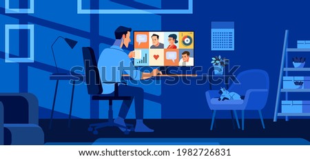 A man working until night at his desk at home. Modern young man working remotely from home at night. He has a lot of work, the cat also sleeps. Businessman working with a PC. Flat vector illustration.