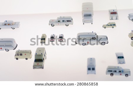 Stuttgart, Germany -15 June, 2014: mini white ambulance truck, scale model vehicle at the Mercedes-Benz automobile Museum. White background