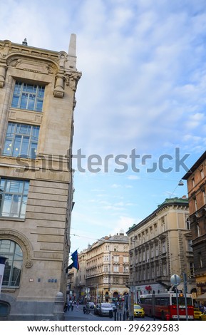 Budapest, Hungary- 27 June, 2014 : Beautiful old building and street view of historic architectural under blue sunny sky in Budapest, Hungary.