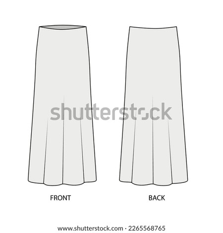 Outline vector drawing of a long silk skirt. Long skirt template front and back view. Midi skirt sketch, vector.