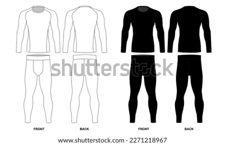 Set of technical drawings of men's rash guard and sweatpants, vector. Superman costume drawing. Long sleeve and leggings sketch for men, front and back view. Vector template of men's underwear.