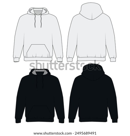 Set of vector sketches of hoodie with pocket, front and back view. Technical drawing of hooded sweatshirt in white and black colors. Hoodie sweatshirt template on white background, vector.