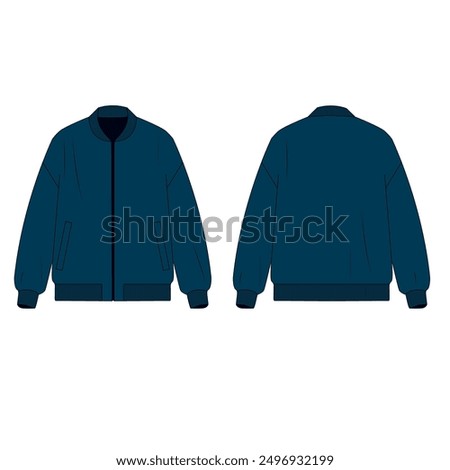 Vector illustration of men's jacket in blue color with zipper closure. Technical drawing of bomber jacket with pockets, front and back view. Sketch of jacket with zipper, vector.