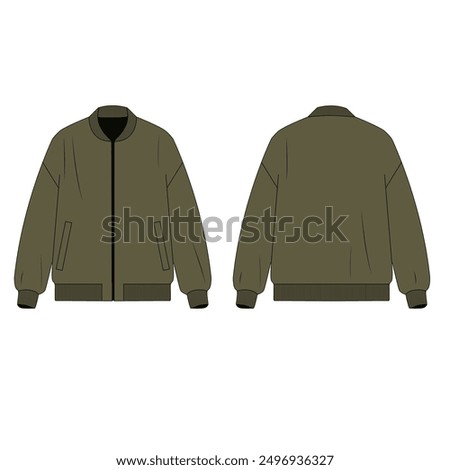 Illustration of men's khaki color khaki jacket with zipper closure. Technical drawing of bomber jacket with pockets, front and back view. Drawing of a jacket with zipper.