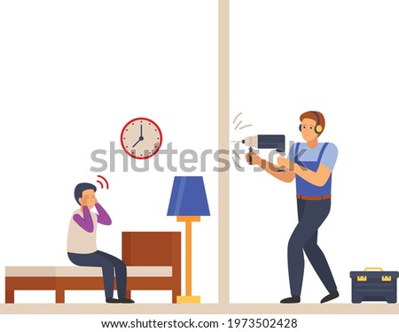 Eternal Repair Concept, Noisy Neighbours Vector Color Icon Design, neighbourhood conflicts Stock illustration, bad neighbors Symbol, sleeping disturbance sign, Repairman Making a Hole in joint Wall