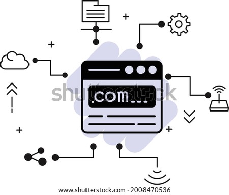 commercial domain registeration concept, dot com domain url vector Icon design, Cloud computing and Web hosting services Symbol, Tld .com register concept, Domain Registerar stock illustration