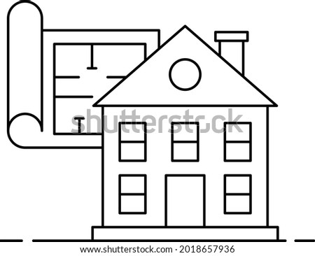cottage with architect plan drawing Concept,  house front elevation Vector Icon Design, urban and suburban house Symbol, Real Estate and Property Sign, Apartment and Mortgage Stock illustration