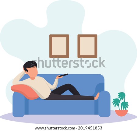 Man lying on sofa watching TV at home Concept, Enjoying Holidays out of Town Vector Icon Design, Weekly holidays Activity Symbol, Week Rest Days Sign, Lazy weekends people Stock illustration