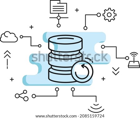 Database Server Recovery and Reboot Concept, Data backup Machine vector icon design, Cloud computing and Web hosting services Symbol, Restart or Restore machine stock illustration
