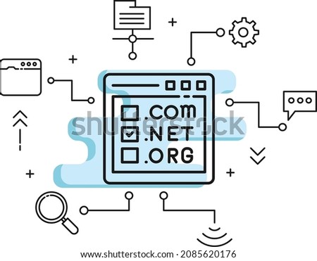 Top Level Domain or tld Registeration Service Concept, dot com net org selection in browser window vector icon design, Cloud computing and Internet hosting service Symbol, webhosting and edge sign