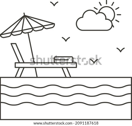ground pool with chair Vector Line Icon Design, Hotel and Motel Services Symbol, Vacations Rental Sign, Restaurant Supplies Stock Illustration, Outdoor Pool Concept,