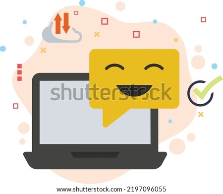 Laptop with Smile Emoji Stock illustration, Employee office communication software concept, hrm symbol, Lan Chat with Laptop Vector color Icon Design, 