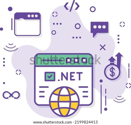 dot net domain url vector outline Icon design, Cloud computing and Global Web hosting services Symbol,  Tld .net register stock illustration, Registration of network domain name concept, 