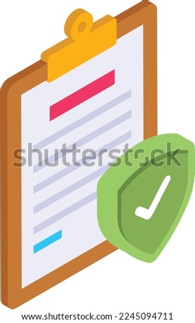 Insurance policy file folder form isometric Concept, Claim settlement Vector Icon Design, Financial loss Protection Symbol, Risk management Sign, Clip Board with Shield Stock illustration