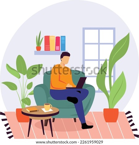 Programmer working from home concept, Armchair and potted plant wall window vector icon design, Green Office Worker symbol, Eco Friendly Workspace sign,aesthetic interior element illustration