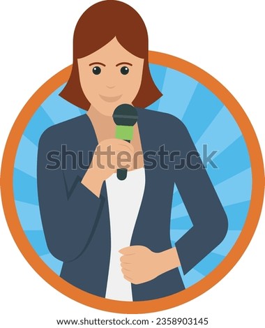 woman journalist Concept, News Reporter Holding Mic wearing Coat Vector Round Icon Design, Professional uniform Symbol, Professional character occupations sign, Labor Day people Stock illustration